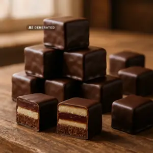 Vegane Dominosteine mit Lebkuchenboden, Marzipan und Fruchtgelee in dunkler Schokolade gestapelt