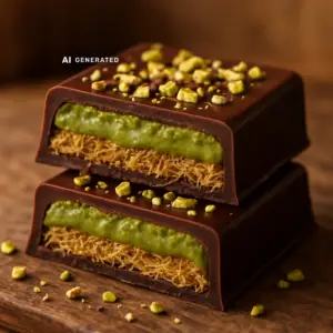 vegane Dubai-Schokolade mit Pistazien und Kadayif, angeschnitten mit knuspriger Pistazienfüllung