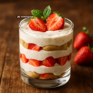 Vegane Erdbeer-Tiramisu im Glas, geschichtet mit Cashewcreme und frischen Erdbeeren, garniert mit Minze