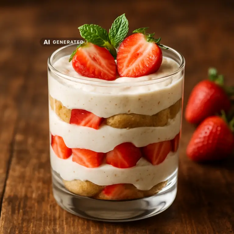 Vegane Erdbeer-Tiramisu im Glas, geschichtet mit Cashewcreme und frischen Erdbeeren, garniert mit Minze