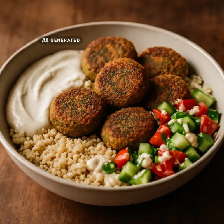 Vegane Falafel-Bowl mit Tahini-Joghurt, knusprige Falafel auf Bulgur mit Gurken-Tomaten-Salat