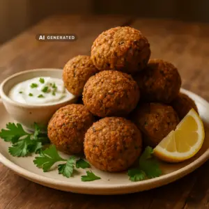 Vegane Falafel mit Zitronen-Joghurt-Dip in einer Schale, appetitlich angerichtet