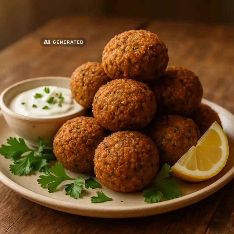 Vegane Falafel mit Zitronen-Joghurt-Dip in einer Schale, appetitlich angerichtet