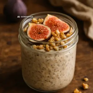Vegane Feigen-Overnight-Oats mit Walnüssen im Glas, mit frischen Feigenscheiben und gehackten Walnüssen