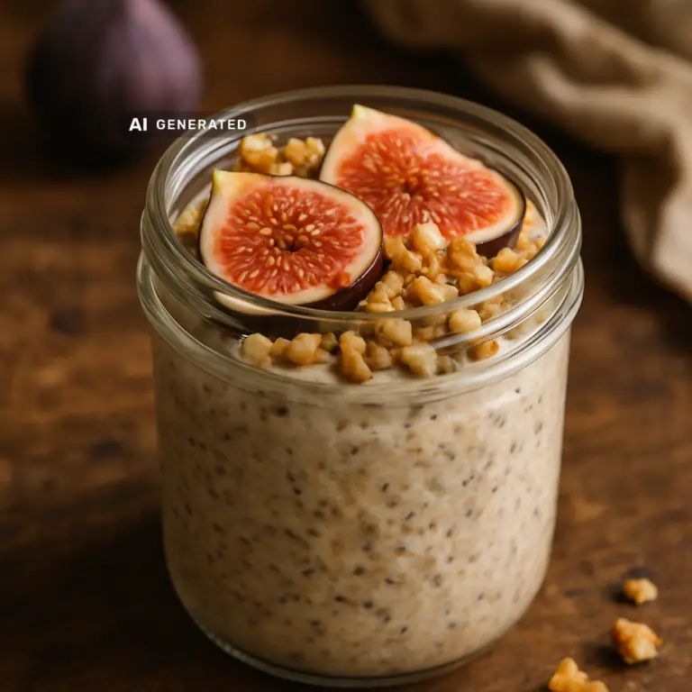 Vegane Feigen-Overnight-Oats mit Walnüssen im Glas, mit frischen Feigenscheiben und gehackten Walnüssen