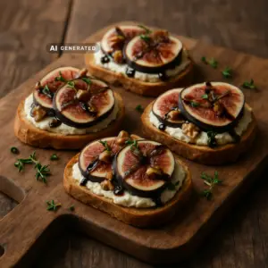 Vegane Feigen-Walnuss-Crostini mit Cashew-Ricotta, serviert und angerichtet