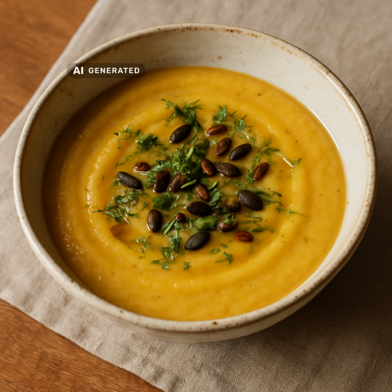 Vegane Fenchelsuppe mit Orange in einer Keramikschale, garniert mit Fenchelgrün und gerösteten Kürbiskernen