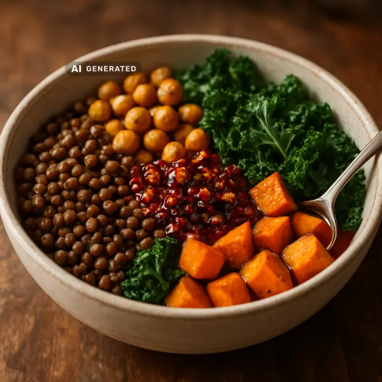 Vegane Fibermaxxing-Bowl mit Linsen und Chili-Crisp, serviert und angerichtet