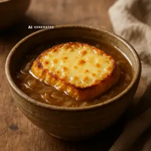 Vegane Zwiebelsuppe mit karamellisierten Zwiebeln und Käse-Croutons in einer Schale