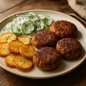 Vegane Frikadellen mit knusprigen Bratkartoffeln und cremigem Gurkensalat auf einem Teller