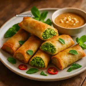 Vegane Frühlingsrollen mit Erbsen-Minze-Füllung, angerichtet mit Erdnuss-Dip