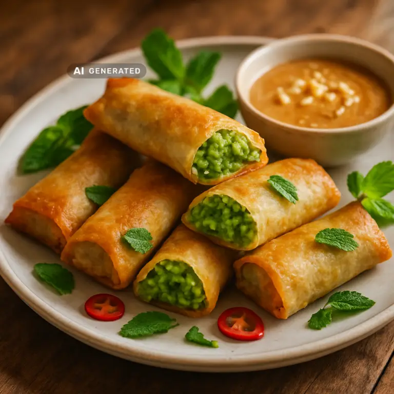 Vegane Frühlingsrollen mit Erbsen-Minze-Füllung, angerichtet mit Erdnuss-Dip