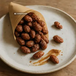 Vegane gebrannte Mandeln mit karamellisierter Zimtkruste in einer Papiertüte
