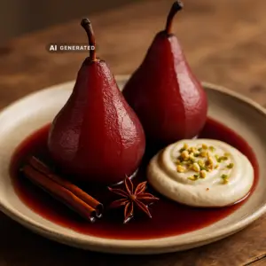 vegane Glühwein-Birnen mit Vanille-Cashewcreme und Pistazien