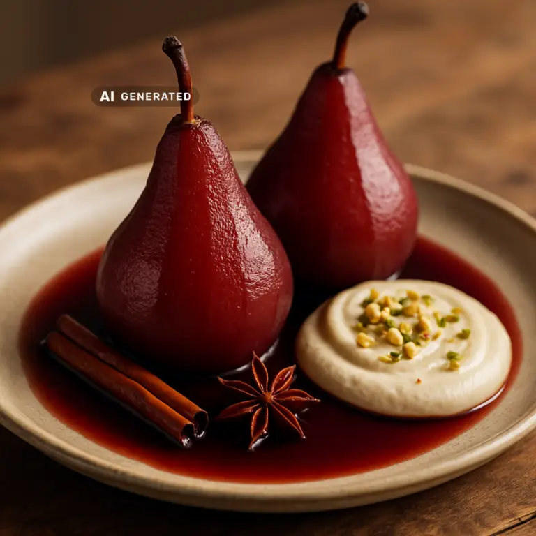 vegane Glühwein-Birnen mit Vanille-Cashewcreme und Pistazien
