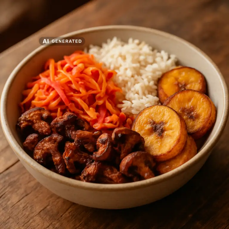 Vegane Griot-Bowl mit Pikliz, Kokosreis und gebratenen Kochbananen in einer Schale