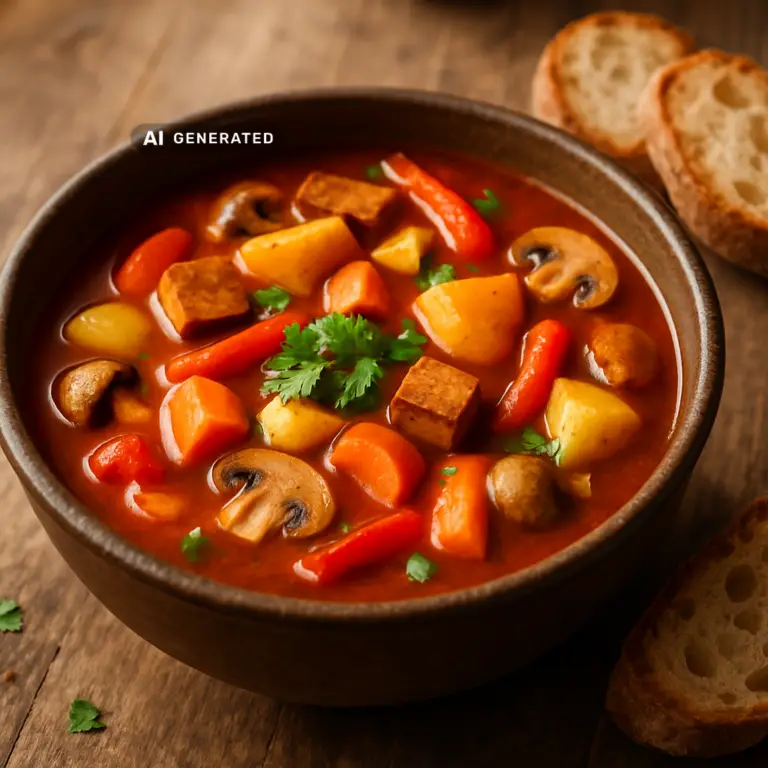 Vegane Gulaschsuppe mit Räuchertofu, Paprika und Kartoffeln in einer Schüssel