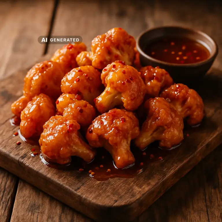 Vegane Hot-Honey-Blumenkohl-Bites auf einem Holzbrett mit Hot-Honey-Dip und Chiliflocken