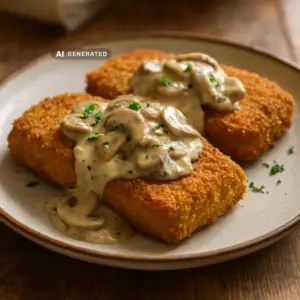Vegane Jägerschnitzel mit Pilzrahmsauce, angerichtet mit Salzkartoffeln auf einem rustikalen Holztisch