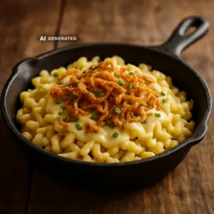 Vegane Käsespätzle mit Röstzwiebeln (Allgäuer Art), serviert und angerichtet