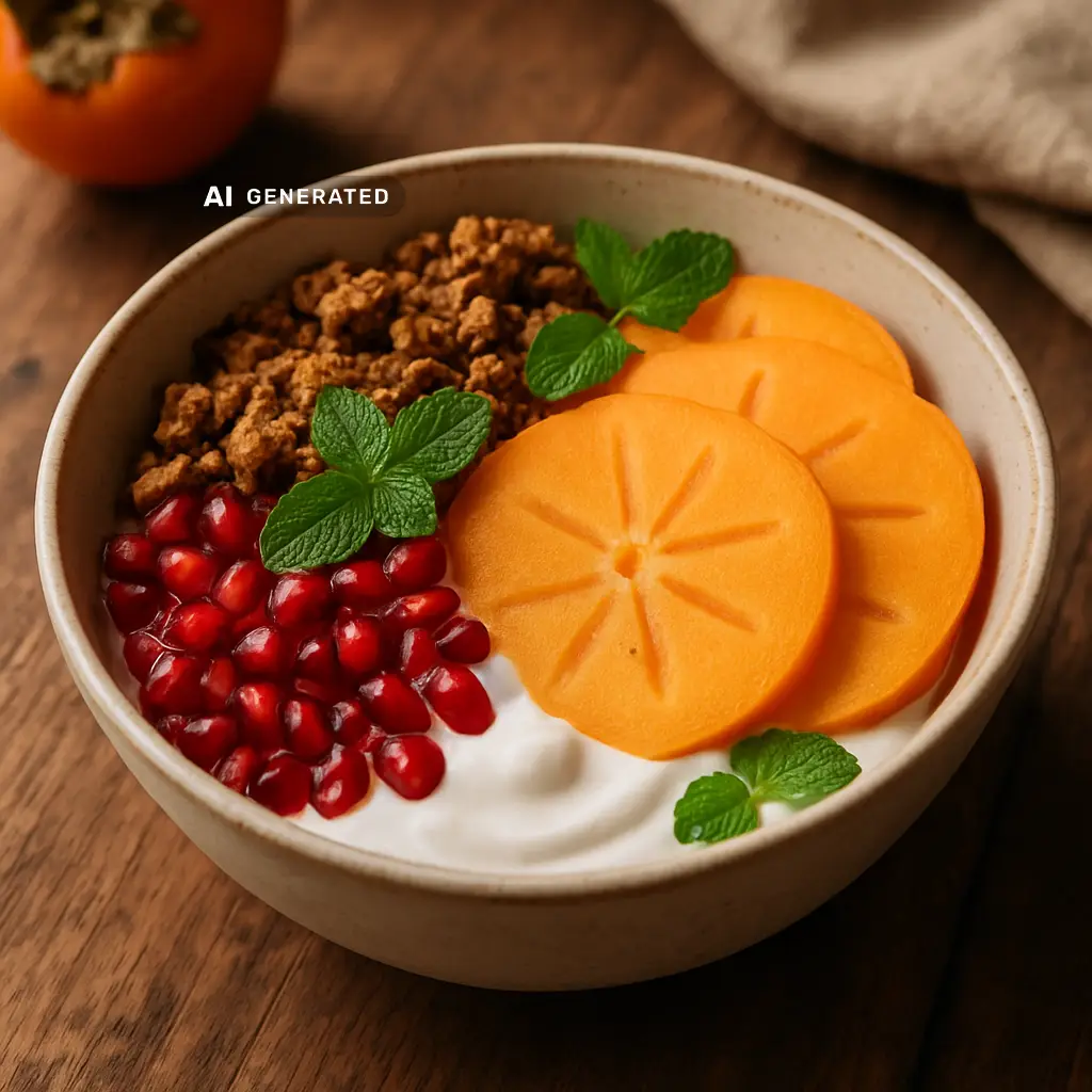Vegane Kaki-Bowl mit Kokosjoghurt, frischer Kaki, knusprigem Granola und Granatapfelkernen in einer Schale