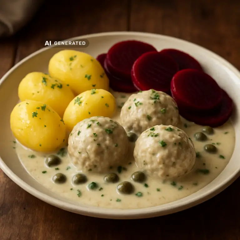 Vegane Königsberger Klopse mit Kapernsauce in einer Schüssel bzw. auf einem Teller, appetitlich angerichtet