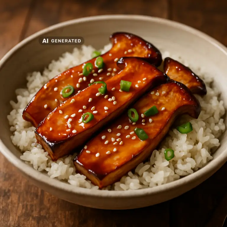 Vegane Kräuterseitling-Steaks mit Miso-Ahorn-Glasur in einer Schale, appetitlich angerichtet