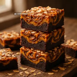 Vegane Kürbis-Brownies mit Karamell-Swirl und gerösteten Kokosraspeln, gestapelt