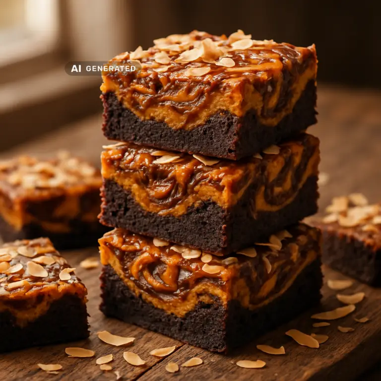 Vegane Kürbis-Brownies mit Karamell-Swirl und gerösteten Kokosraspeln, gestapelt