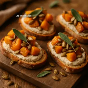Vegane Kürbis-Crostini mit Salbei-Cashewcreme und gerösteten Kürbiskernen auf einem Holzbrett