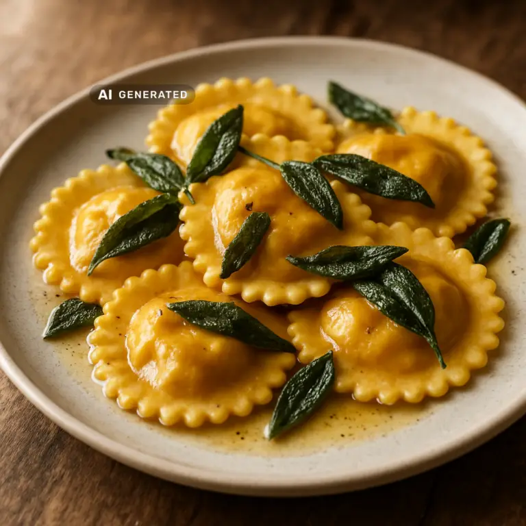 Vegane Kürbis-Ravioli mit Salbeibutter auf einem Teller, serviert mit knusprigen Salbeiblättern