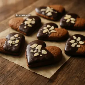 Vegane Lebkuchen-Herzen mit dunkler Schokoladenglasur und Mandelsplittern auf einem Kuchengitter