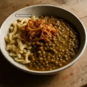 Vegane Linsen mit Spätzle und knusprigen Röstzwiebeln in einer rustikalen Schüssel