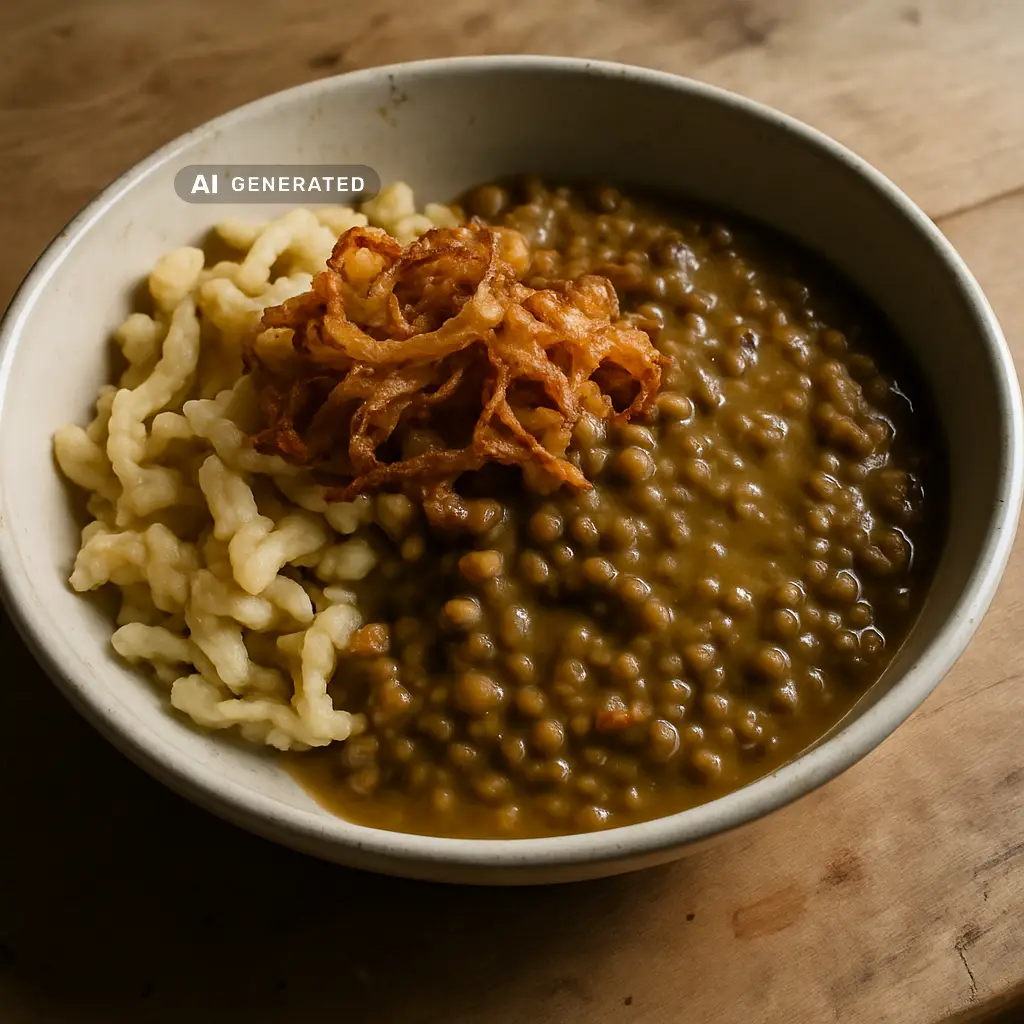 Vegane Linsen mit Spätzle und knusprigen Röstzwiebeln in einer rustikalen Schüssel