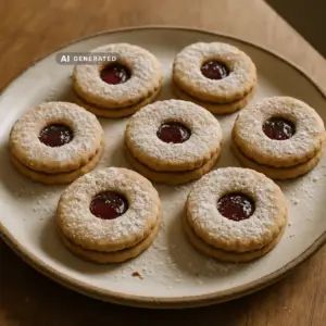 Vegane Linzer Augen mit roter Marmelade und Puderzucker auf einem Teller