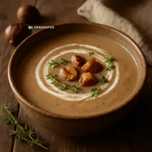 Vegane Maronensuppe mit Orange und Thymian in einer rustikalen Schüssel, garniert mit frischem Thymian