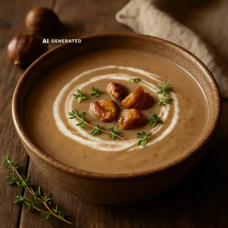 Vegane Maronensuppe mit Orange und Thymian in einer rustikalen Schüssel, garniert mit frischem Thymian