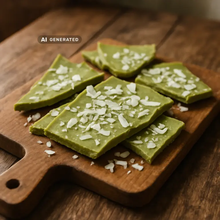 Vegane Matcha-Schokolade mit Kokosraspeln, in rustikale Stücke gebrochen auf einem Holzbrett