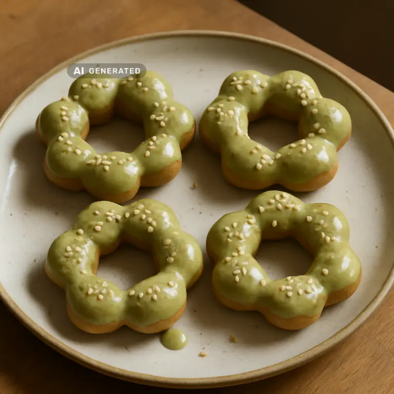 Vegane Mochi-Donuts mit Matcha-Glasur und Sesam im japanischen Pon-de-Ring-Stil auf einem Teller