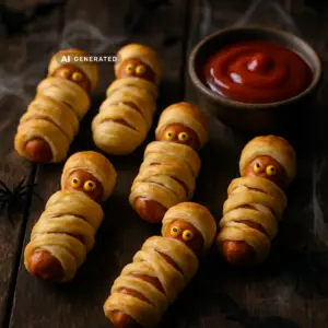 Vegane Mumien-Würstchen im Blätterteig mit Senf-Augen und Ketchup-Dip für Halloween