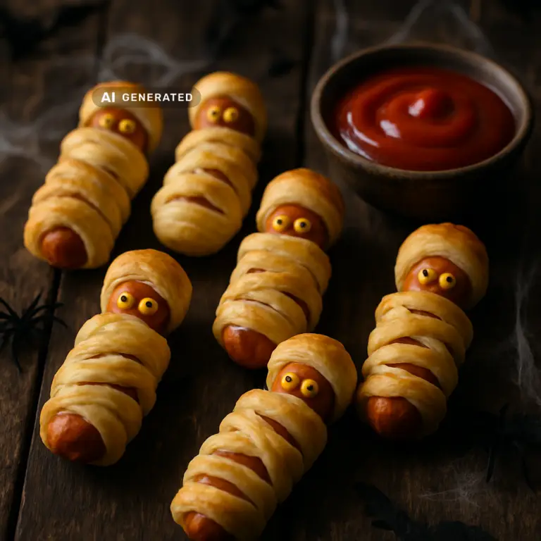 Vegane Mumien-Würstchen im Blätterteig mit Senf-Augen und Ketchup-Dip für Halloween