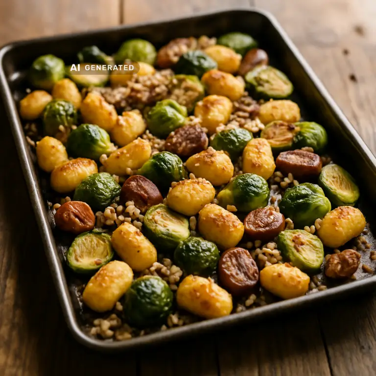 Vegane Ofen-Gnocchi mit Rosenkohl, Maronen und Walnuss-Parmesan auf einem Blech