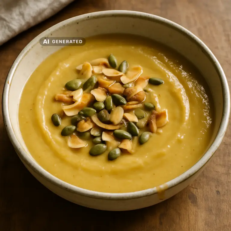 Vegane Pastinakensuppe mit Apfel, Curry und Kokos in einer Schüssel, garniert mit Kokosraspeln und Kürbiskernen