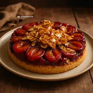 Vegane Pflaumen-Tarte-Tatin mit Mandelkrokant auf einem Teller, mit karamellisierten Pflaumen und knusprigem Mandelkrokant