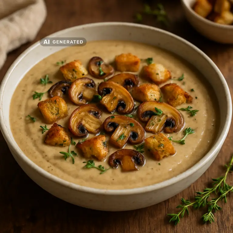Vegane Pilz-Rahmsuppe mit Kräuter-Croutons – Cremige Pilz-Rahmsuppe mit gerösteten Champignons, Thymian und knusprigen Kräuter-Croutons – der perfekte Start in die Pilzsaison.