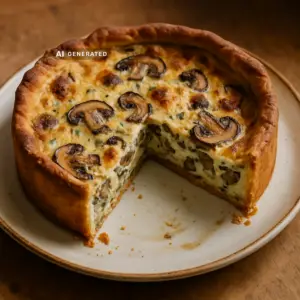 Vegane Pilzquiche mit Wildpilzen und Walnuss-Mürbeteig, angeschnitten auf einem Teller serviert