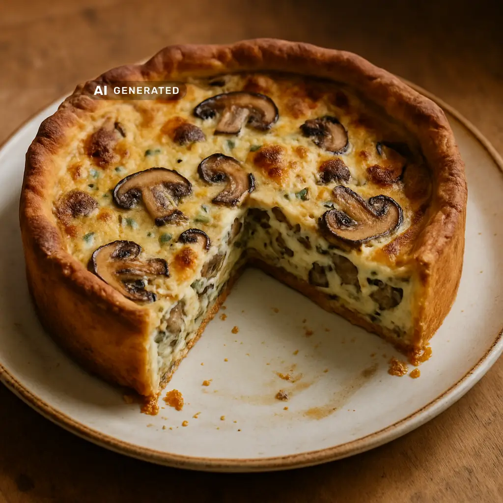Vegane Pilzquiche mit Wildpilzen und Walnuss-Mürbeteig, angeschnitten auf einem Teller serviert