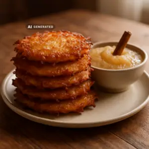 Vegane Reibekuchen mit Apfelmus in einer Schale, appetitlich angerichtet