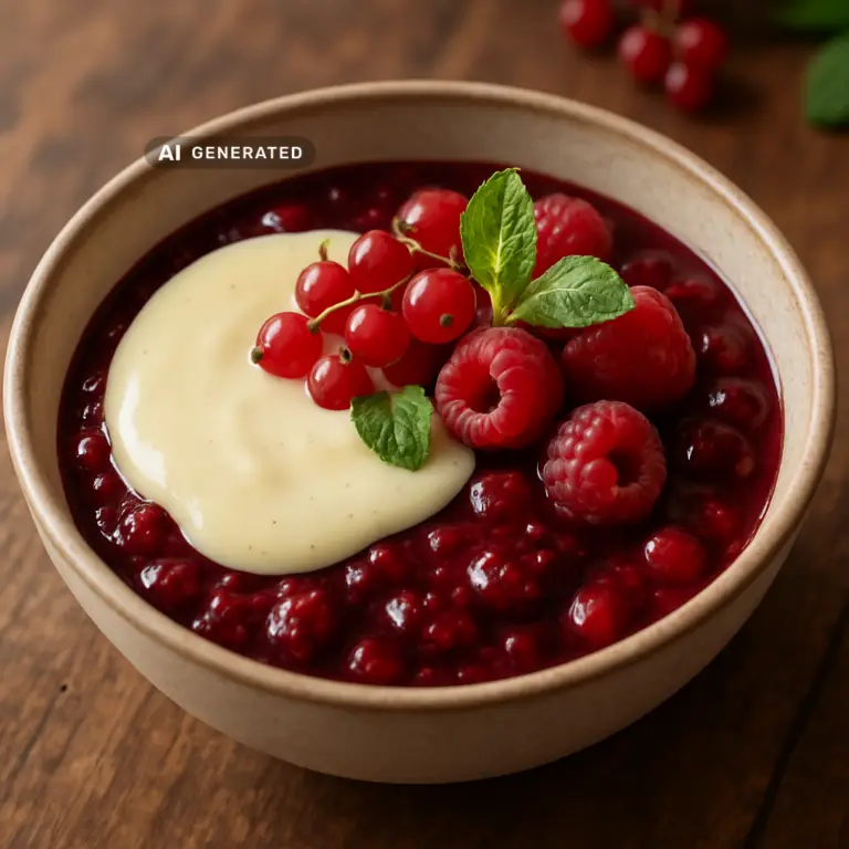 Vegane Rote Grütze mit Vanillesauce in einer Schale, appetitlich angerichtet