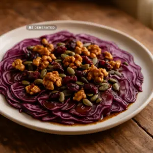 Vegane Rotkohl-Carpaccio mit Kürbiskern-Walnuss-Vinaigrette, gerösteten Walnüssen und Cranberries angerichtet